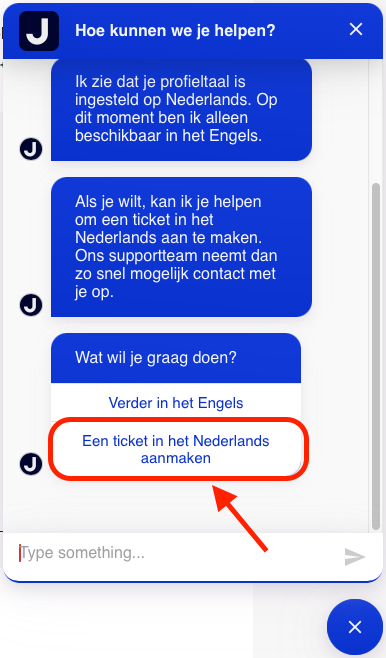 Screenshot van de Jimdo-chatbot in het dashboard. De chatgeschiedenis toont een gesprek met de chatbot. Onderaan is de optie ‘Een ticket in het Nederlands aanmaken’ gemarkeerd. Deze optie kan worden aangeklikt om een supportticket aan te maken.