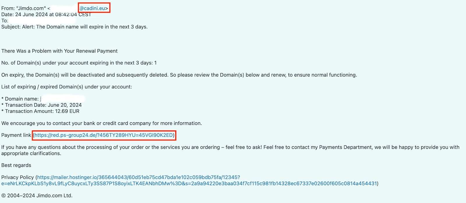Das Bild zeigt ein Beispiel für eine Phishing-E-Mail. Es enthält Markierungen, die typische Merkmale einer betrügerischen Nachricht hervorheben: Eine gefälschte E-Mail-Adresse des Absenders sowie ein Link, der nicht zur offiziellen Domain gehört. Diese Elemente dienen als Warnhinweise auf einen möglichen Phishing-Versuch.