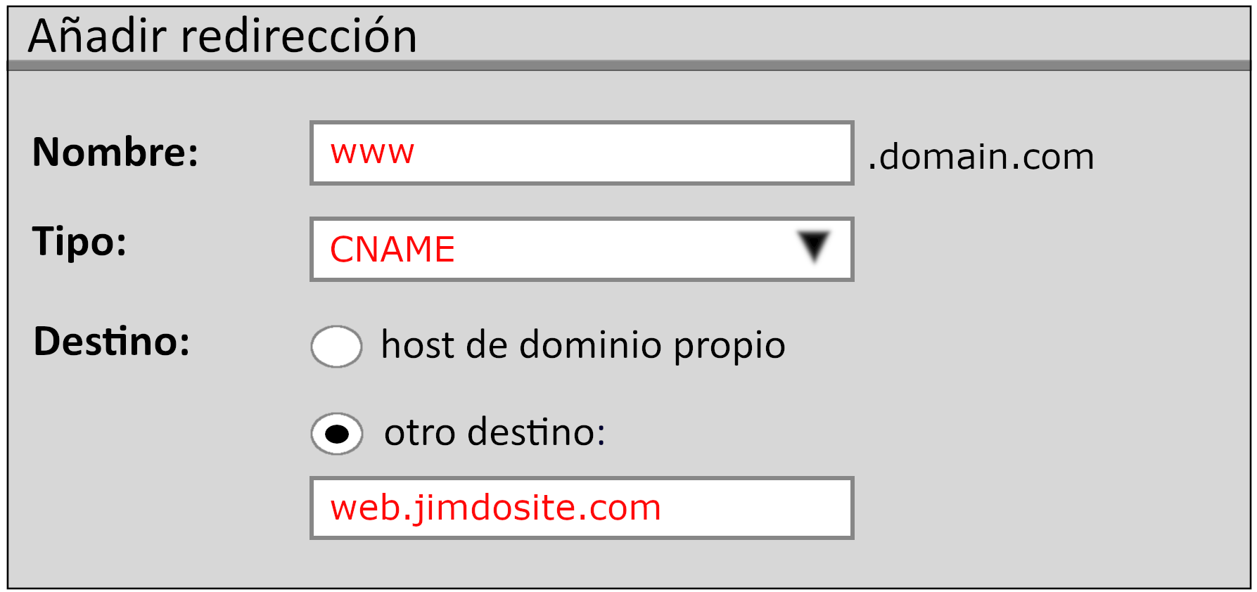 Ilustración de ejemplo de cómo configurar una redirección CNAME en un proveedor de dominios. La imagen muestra cómo reenviar un dominio a través del subdominio www. añadiendo un registro CNAME en el área de configuración DNS del proveedor.