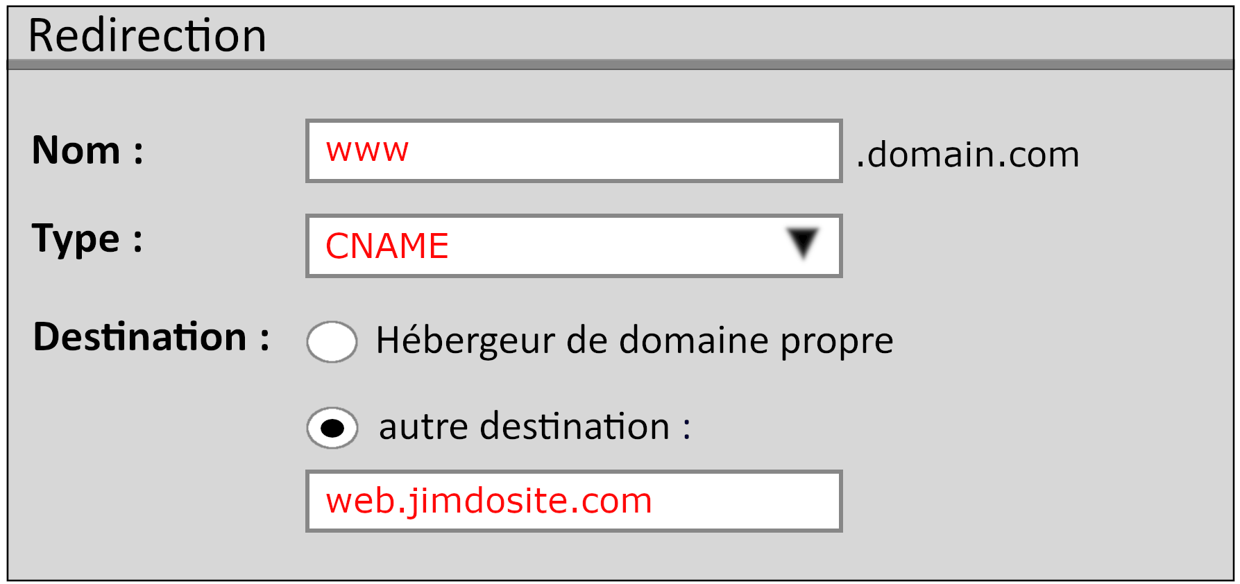 Illustration d'exemple de la configuration d'une redirection CNAME chez un fournisseur de domaine. L'image montre comment un domaine est redirigé via le sous-domaine www. en ajoutant un enregistrement CNAME dans la zone des paramètres DNS du fournisseur.