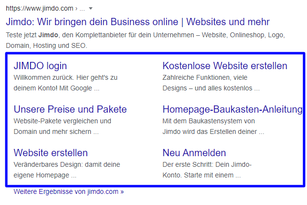 Das Bild zeigt ein Beispiel für Google-Suchergebnisse. Im dargestellten Suchtreffer ist nicht nur die Hauptseite einer Website zu sehen, sondern auch mehrere Unterseiten, die als sogenannte Sitelinks unter dem Haupteintrag angezeigt werden.