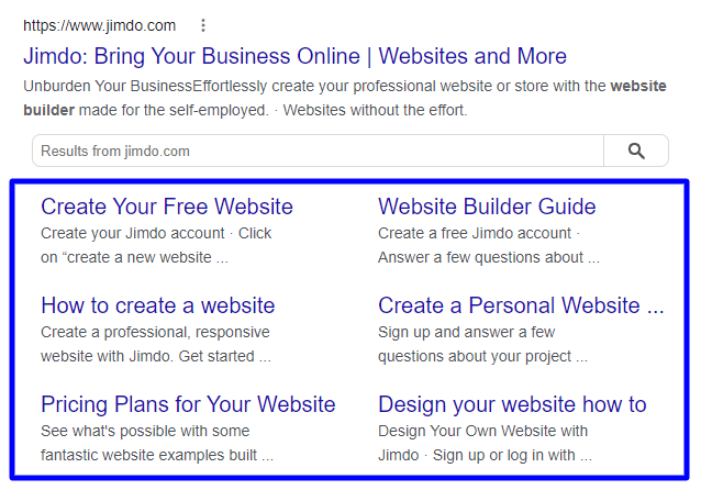 The image shows an example of Google search results. The search snippet displays not only the main page of a website but also several subpages listed as sitelinks beneath the main entry.