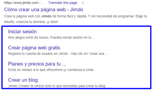 La imagen muestra un ejemplo de resultados de búsqueda de Google. En el resultado mostrado aparece no solo la página principal de un sitio web, sino también varias subpáginas que se presentan como enlaces secundarios (sitelinks) debajo del resultado principal.