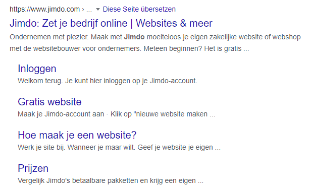 De afbeelding toont een voorbeeld van zoekresultaten in Google. Het resultaat laat niet alleen de hoofdpagina van een website zien, maar ook meerdere subpagina’s die als sitelinks onder het hoofdresultaat worden weergegeven.