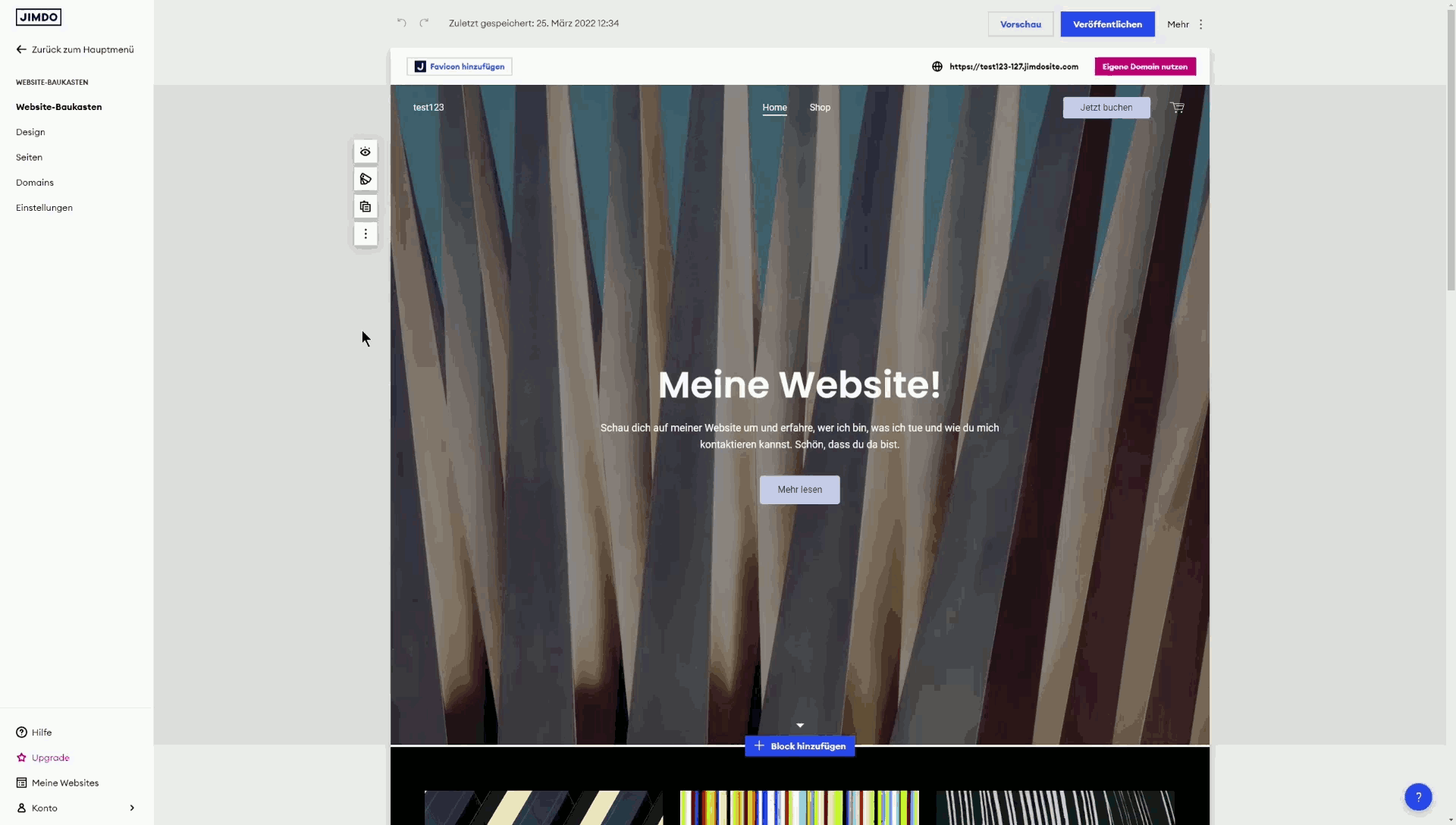 In der Animation wird gezeigt, wie ein Nutzer im Bearbeitungsmodus seiner Jimdo Seite Änderungen vornimmt. Anschließend klickt er oben rechts auf den Button „Veröffentlichen“, um die vorgenommenen Änderungen online sichtbar zu machen.